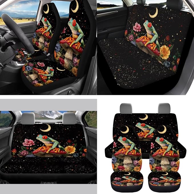 Moon Mushroom Frog 15Pcs Car Seat Cover Full Set Car Steering Wheel Cover Seat Belt Cover Trash Bin Front Rear View Mirror Car Cup Holder Keychain
