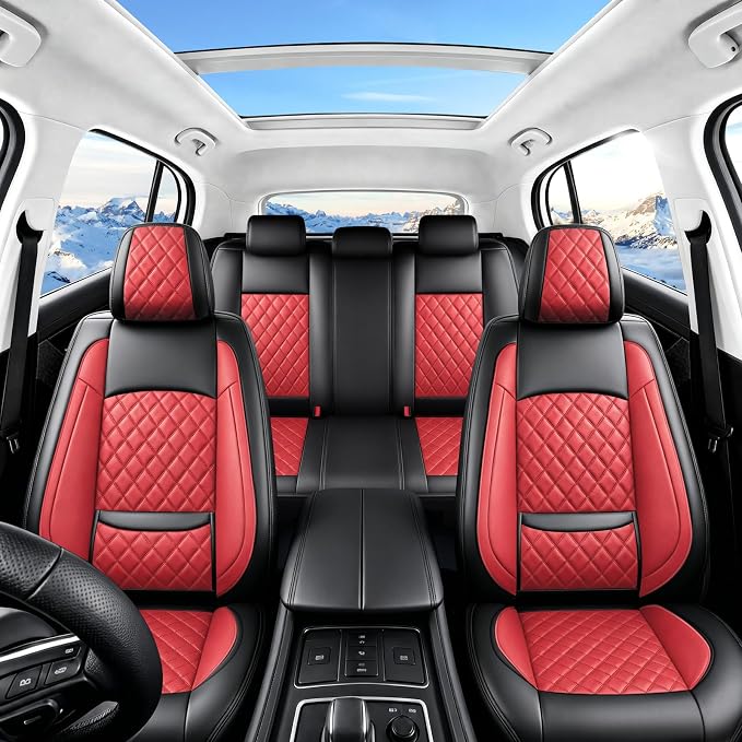Fit Edge Car Seat Covers for Ford Edge 2007-2025 2026 - Luxury Leather, Anti-Slip, All-Weather Seat Cushions, Waterproof & Breathable, Airbag Compatible, Full 5-Seat Set (Red)