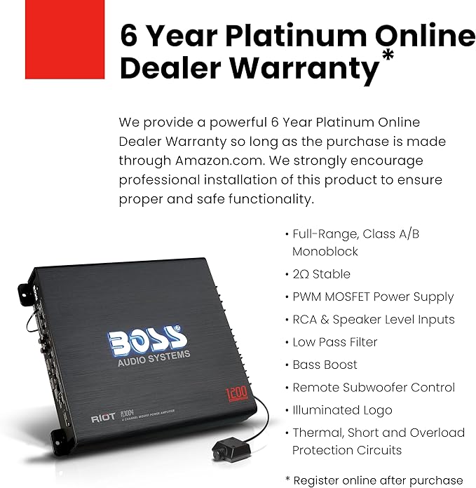 BOSS Audio Systems R3004 4 Channel Car Amplifier - 1200 Watts, 2/4 Ohm Stable, Class A/B, Full Range, Bridgeable, MOSFET Power Supply, Remote Subwoofer Control