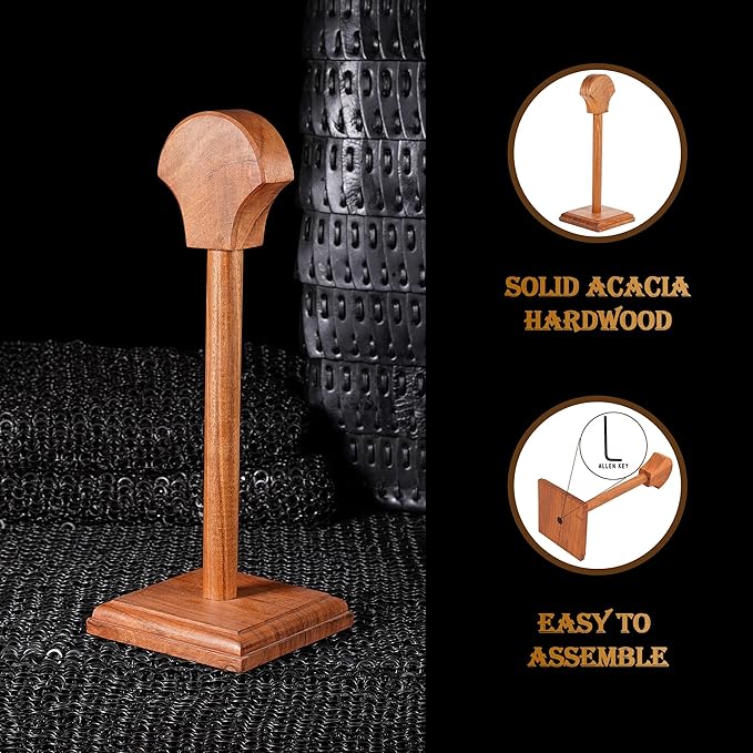 Mythrojan Wooden Helmet Stand Display Décor Stand For Spartan, Templar, Motorcycle, Caps, Hat Decorative Desktop Hanger Rack LARP Helmet Stand, 16 Inch - Natural