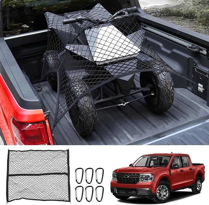 Mabett Truck Bed Cargo Fixed Net Highly Elastic for Ford Maverick Accessories 2022-2025, Stretchable Bed Mesh Net with 6 Metal Carabiners for Maverick (Elastic Fixed net)