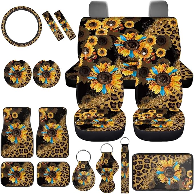 17Pcs Leopard Print Car Seat Covers Full Set with Front and Split Rear Bench,Sunflower Car Mats Full Set and Seat Belt Cover Pad,Leopard Print Car Interior Accessories for Women Universal Fit