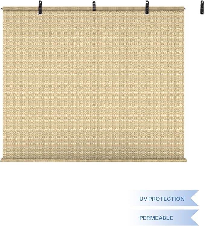 E&K Sunrise 5'W x 13'H Roll Up Outdoor Hollow Out Roller Shade Blind for Patio, Porch, Backyard, Gazebo, Deck, Pergola (Beige)