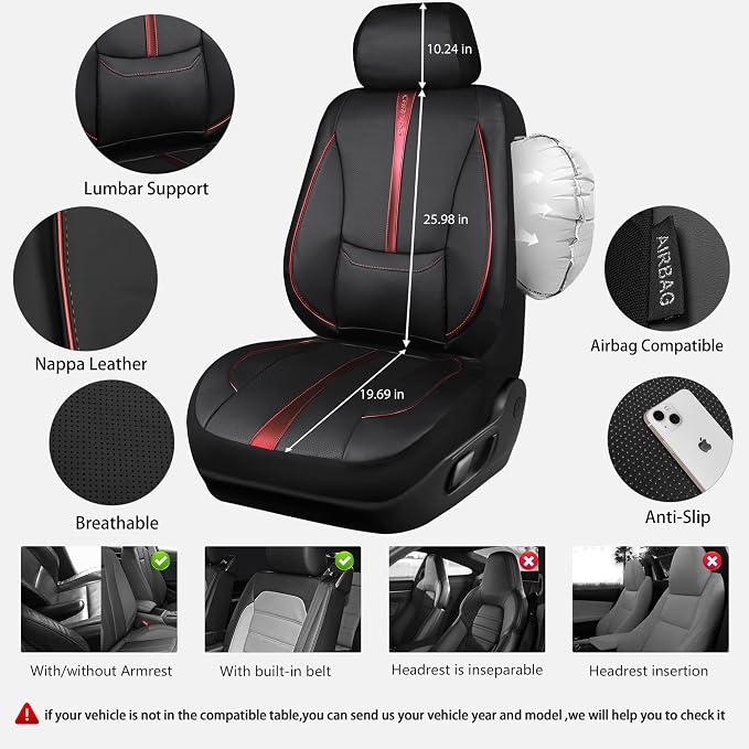 CAR PASS 3D Foam Support Red Leather Car Seat Covers Front Seats,Waterproof Faux Leather Front Seat Cover for Car,Universal Fit Anti-Slip for SUV Truck,Rubber Floor Mats for Cars