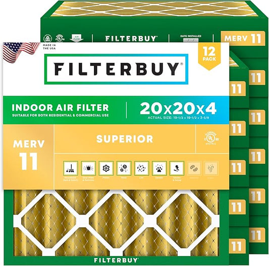 Filterbuy 20x20x4 Air Filter MERV 11 Superior Pet & Allergy Defense (12-Pack), Electrostatic Pleated HVAC AC Furnace Filters Replacement (Actual Size: 19.50 x 19.50 x 3.63)