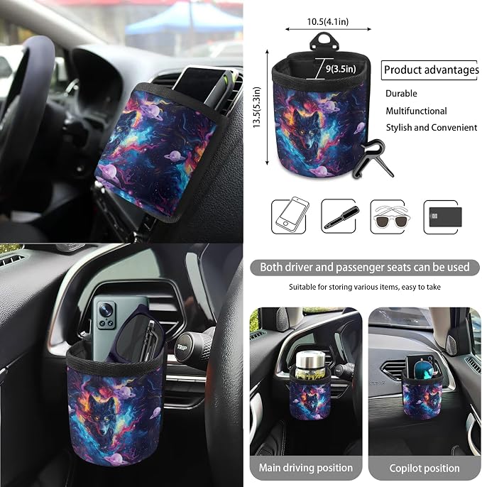 Galaxy Wolf Print Car Front Back Seat Cover Set of 15 Steering Wheel Covers Seatbelt Strap Pad Garbage Cans Air Vent Storage Holder Rear View Mirror Cover Cup Holder Key Chain