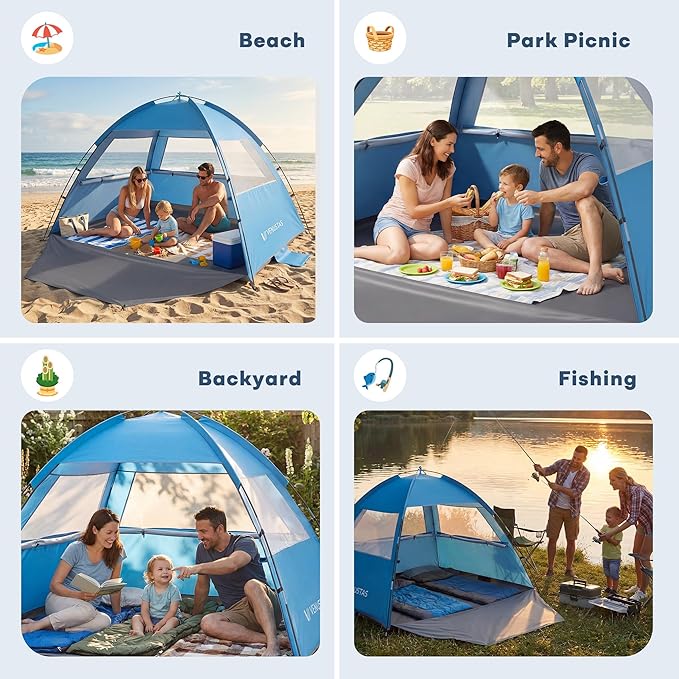 Venustas Beach Tent Sun Shelter for 3/4/6/8 Person, UPF 50+ UV Protection Beach Canopy, Lightweight and Easy Setup Cabana, Portable Shade Tent