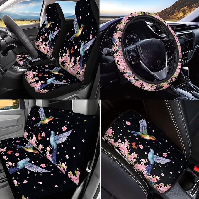 BIGCARJOB 15 Pcs Car Interior Sets for Women Car Seat Protector Vehicle Bucket Seat Cover Full Set 1Hummingbird Cherry Floral Print Trash Can Car Seat Headrest Pillow Cover Seat Belt Pads