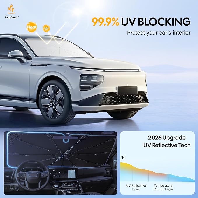 EcoNour Windshields Sun Shade for Car | Foldable Sun Shield | UV & Heat Protection for Front Window Shade with Storage Pouch | Fits Coupe, Sedan & Hatchbacks | Small 52"x31"