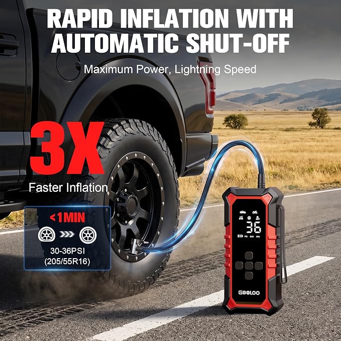 GOOLOO A6 Gear 160 PSI Tire Inflator Portable Air Compressor, 7500mAh Cordless Tire Inflator with Digital Pressure Gauge ＆LED Light, 3X Faster Air Pump for Car Tires, Bike,Balls, Auto Shut-Off