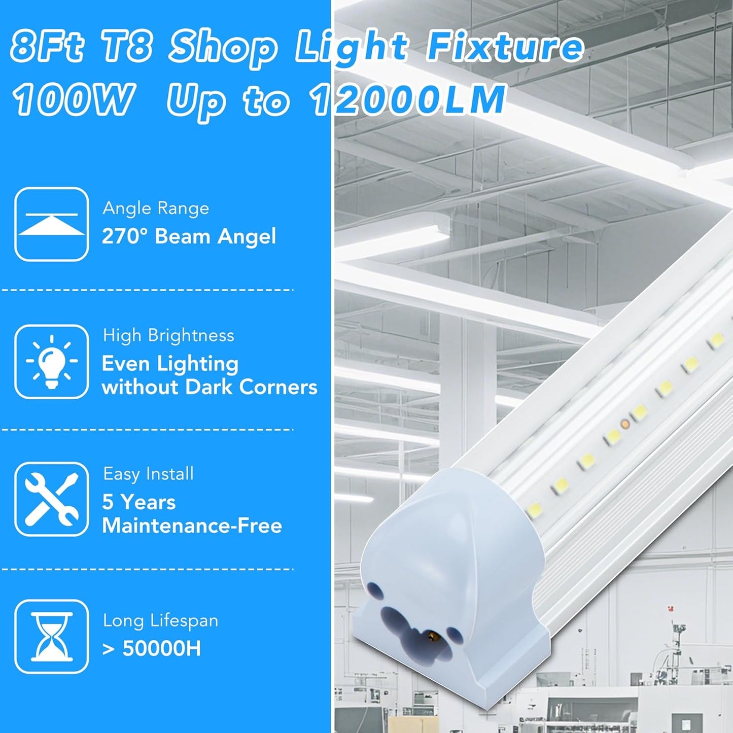 10 Pack 8FT T8 LED Shop Lights, 100W Integrated Tube Light, 19200LM 6000-6500K Daylight, Linkable Lighting, Plug & Play Energy-Saving Commercial Bay Lighting Garage Warehouse Basement (V2)