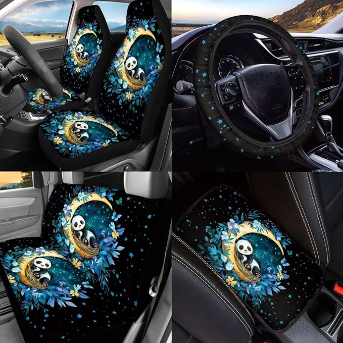 BIGCARJOB 15 Pcs Cute Panda Car Interior Sets for Women Car Seat Cover Vehicle Bucket Seat Cover Full Set Trash Can Car Seat Headrest Pillow Cover Seat Belt Pads