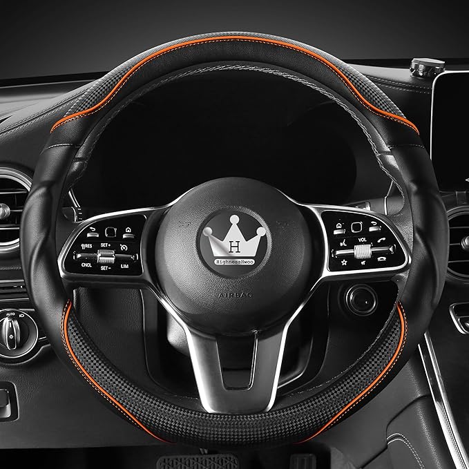 HighnessHwoo 3D Car Steering Wheel Cover Comfort Grip Massage Sporty Anti-Slip Carbon Fiber Faux Leather for F150, Trucks, Jeep, Van, Car Handle Covers for All Seasons, 15.2-16in, Orange