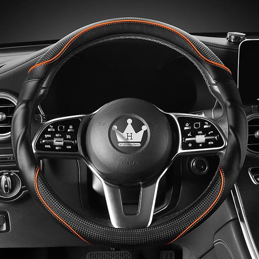 HighnessHwoo 3D Car Steering Wheel Cover Comfort Grip Massage Sporty Anti-Slip Carbon Fiber Faux Leather for Sedan SUV, Universal Fit, Car Handle Covers for All Seasons, 14.75-15.15in, Orange