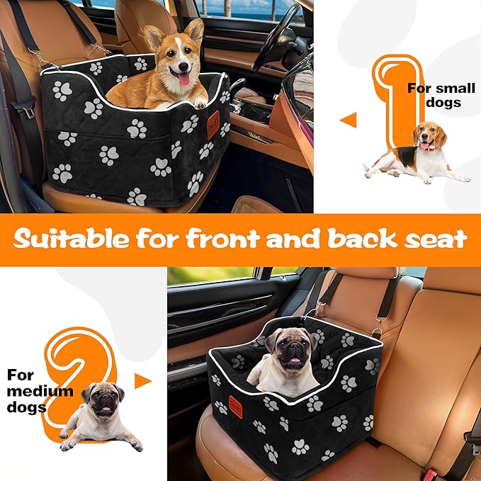 Dog Car Seat for Small Medium Dogs, Detachable Washable Dogs Booster Seat Under 35lbs, Elevated Dog Car Bed with Storage Pockets (Dog Claw Printed, One Size)