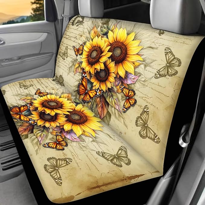 Butterfly Car Accessories Set Full Sets of 17 Pack Sunflower Car Seat Covers Full Sets with Front and Split Rear Bench Heavy Duty Floor Mats Seat Belt Shoulder Pad Steering Wheel Covers