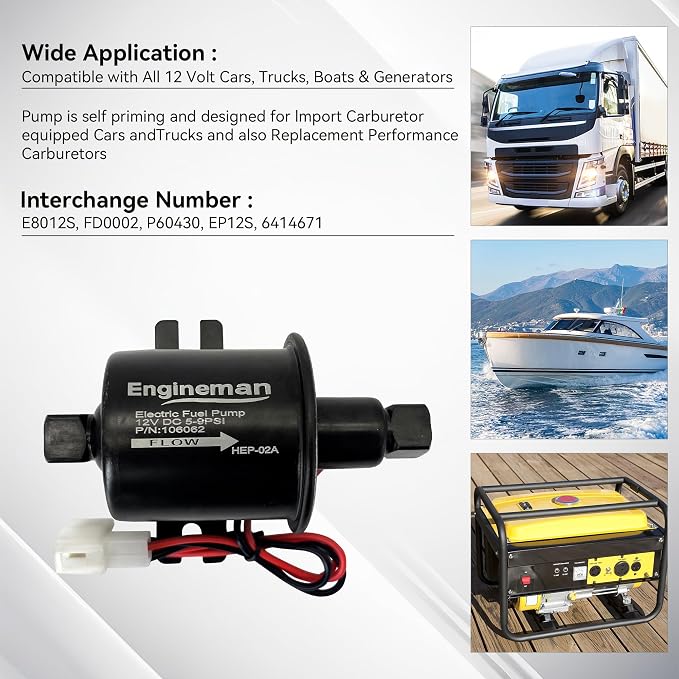 Electric Fuel Pump 12V 5-9psi HEP-02A for Electric Transfer Universal Low Pressure Gas Diesel Fuel Pump for All 12V Cars Trucks Boats Carburetor Lawn Mower