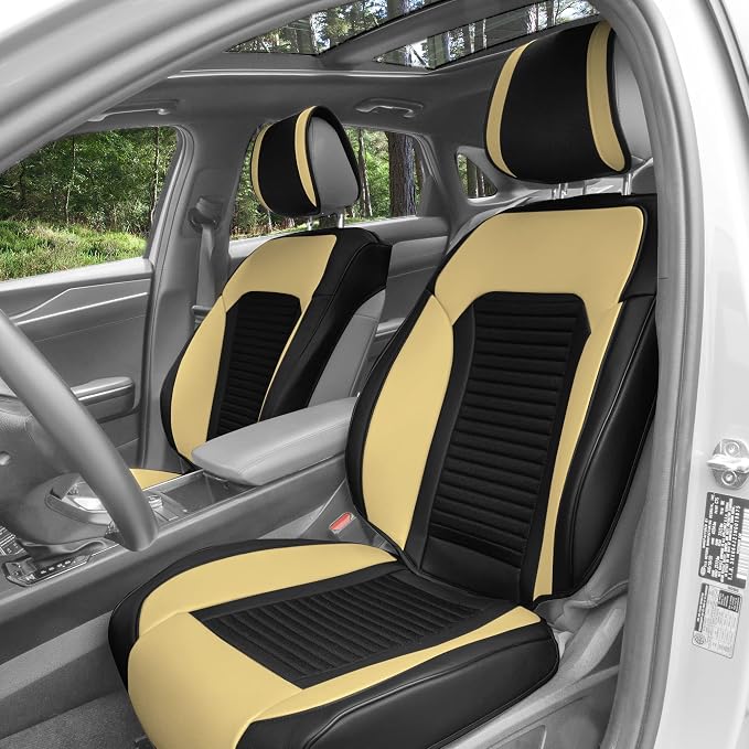 FH Group Front Set Faux Leather Car Seat Covers for Low Back Seat, Universal Fit, Airbag Compatible Car Seat Cushions for SUV, Sedan, Beige