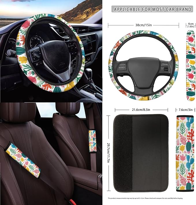 Floral Cactus Print 15 Pack Car Seat Covers Set with Steering Wheel Cover Seat Belt Strap Pad Rear View Mirror Cover Air Vent Storage Bag Garbage Cans Cup Holder Keychain Car Decor