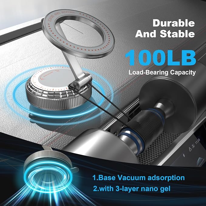 Metal Magnetic Car Phone Holder, 360° Adjustable Magsafe Car Phone Mount, Vacuum Suction Cup Phone Holders for Your Car for iPhone 17-12 Pro Max Air Plus & Android (Silver)