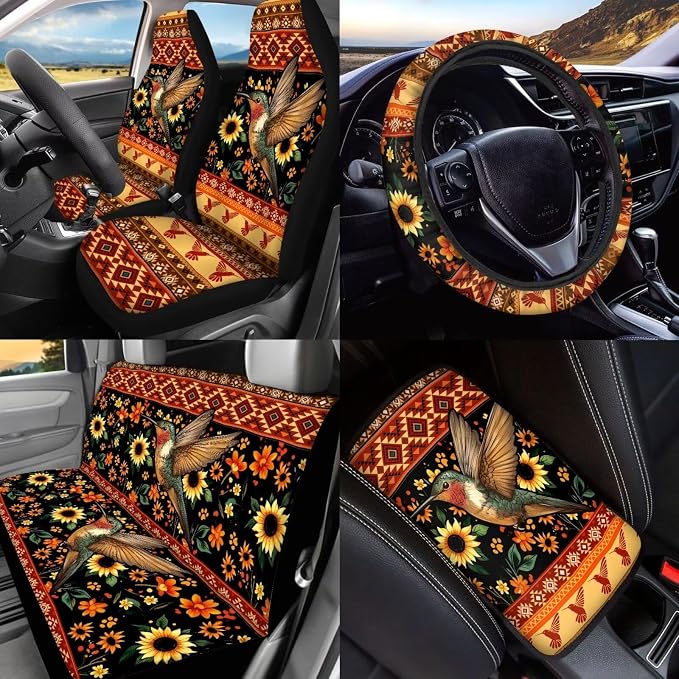BIGCARJOB Hummingbird Car Seat Accessories Full Set 15 Pcs Art Hummingbird Seat Cover for Cars Front and Rear Handbrake Cover,Headrest Pillow Cover,Seat Belt Pads,Universal Fit