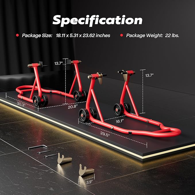 SPECSTAR Motorcycle Stands, 882 Lbs Capacity Front Rear Wheels Lift Combo with U+L Adjustable Swingarm Spool, Heavy Duty Paddock Stands fit for BMW Suzuki Yamaha Honda Kawasaki, Red