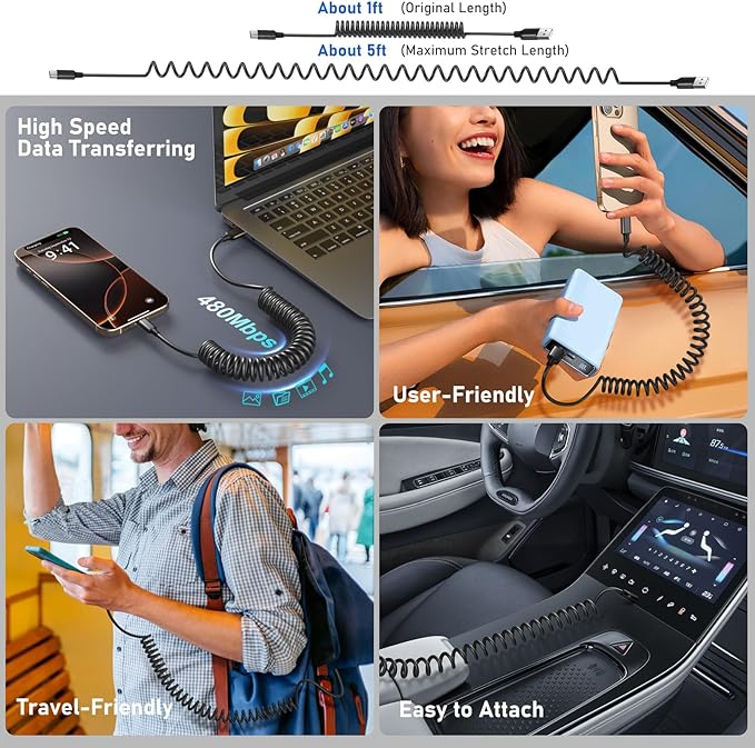 36W Dual Port Car Charger Adapter with 60W USB Type C Coiled Cable PD&QC 3.0 Fast Charging Cigarette Lighter USB Charger for iPhone, Galaxy, Pixel Devices