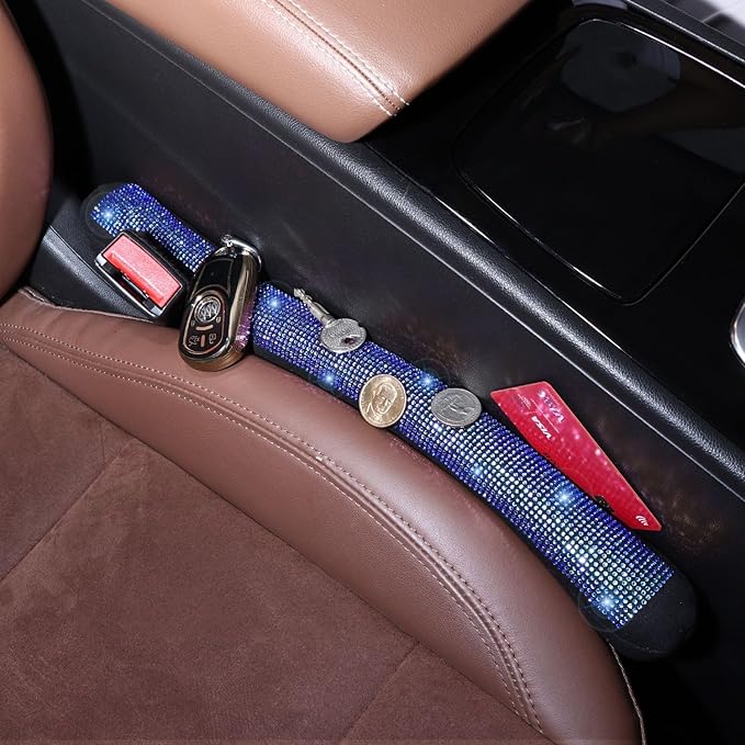 ToBeQueen Blue Car Seat Gap Filler 2 Pack, Universal Fit for Car SUV Truck, Handmade Crystal Diamond Rhinestone Royal Blue Bling Car Accessories for Women(Blue)