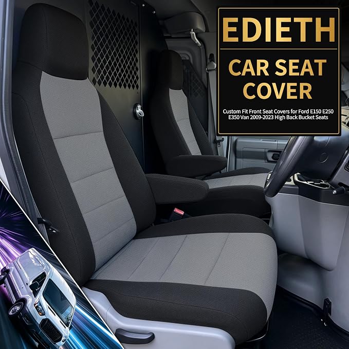 Heavy Duty Composite Fabric Protection Front Seat Covers for Ford E-150/E-250/E-350 Van 2009-2014 E-Series Cutaway/Stripped Chassis 2015-2026 High Back Bucket Seats Molded Headrest - Gray