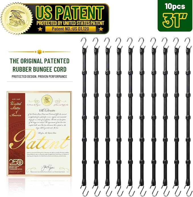 Adjustable Bungee Cords with Hooks (10 Pack) – 31" Heavy Duty EPDM Rubber Tarp Straps, 6-Way Adjustable Length, Max Stretch 2X, Load 180+ LBS, Crimped S Hooks for Cargo, Trucks, Camping