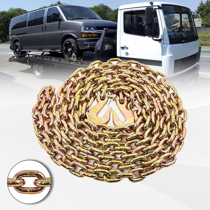 Heavy Duty G80 Transport Binder Chain 3/8'' Inch x 16 Feet,Tow Chain with G70 Clevis Grab Hooks,7100 lbs Safe Working Load Logging for Transporting, Towing(3/8'' x 16FT Yellow).