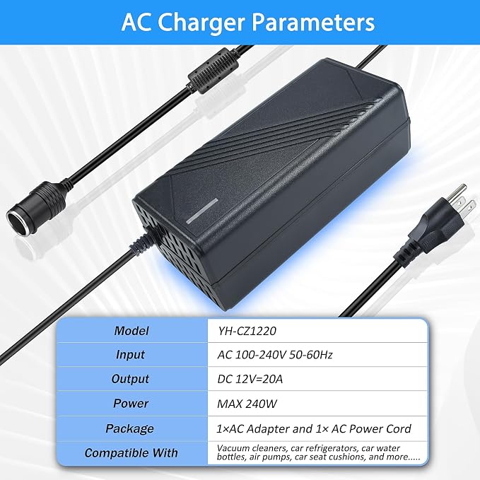 AC to DC Converter 12V 20A 240W, 110V-240V to 12V Car Cigarette Lighter Adapter to Wall Plug, Heavy Duty AC DC Power Adapter for Car Refrigerator, Inflator,Rice Cooker, Water Kettle, Vacuum Cleaner