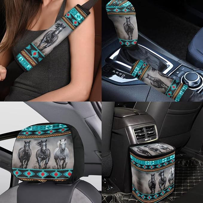 BIGCARJOB Tribal Horse Car Seat Covers Full Set for Auto Interior Accessories 15-Pack Seat Protector Set Animal Horse Car Headrest Cover