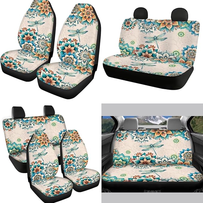 Bohemian Dragonfly Car Seat Covers Full Set 12Pcs Universal Fit Front and Split Bench Rear+Steering Wheel Cover+Seatbelt+Key+Center Console Armrest Pads for Cars,Boho Car Accessory