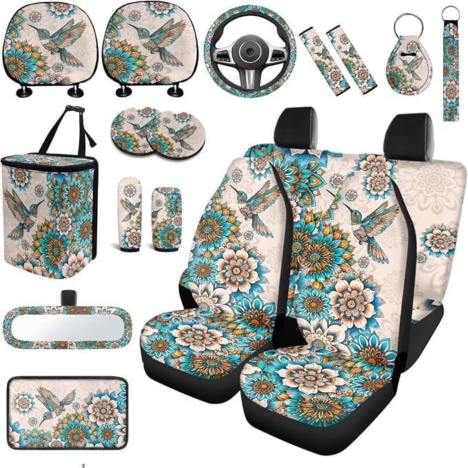 18 Pieces Car Seat Covers Full Sets Hummingbird Car Interior Accessories Sets with Mandala Lotus Car Seat Belt Pads Cover Anti Slip Steering Wheel Cover Auto Trash Can Car Headrest Covers