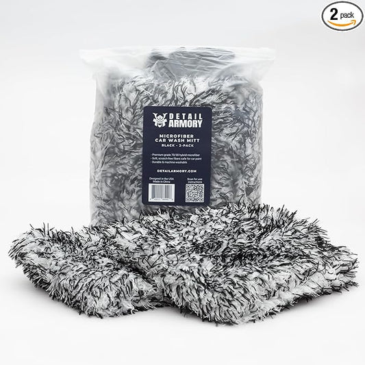Microfiber Car Wash Mitt, Plush Cleaning Fibers, Scratch-Free, Swirl-Free, Lint-Free, 8in x 11in, Machine Washable, 2-Pack (Black)