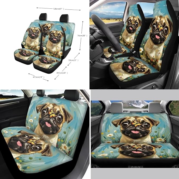 Xoenoiee Pug Dog Butterfly Floral Print Universal Car Seat Covers Full Set 11-pcs Car Interior Accessories, Car Coasters, Keychain, Steering Wheel Cover, Seat Belt Pad