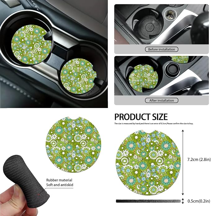 Green Hippie Flowers Pattern Car Accessories Car Seat Covers Full Set with Steering Wheel Covers+Seat Belt Pads+Coasters+Keychain+Lipstick Holder Universal Fit(13 Pack)