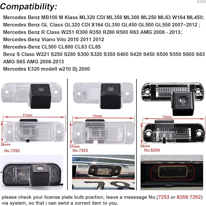 HD Backup Camera,170 Wide Angle, License Plate, IP67 Waterproof, Reverse Camera for Mercedes Benz MB100 GL Class GL320 R Class W251 Viano Vito CL500 CL600 CL63 CL65 E320 Modell w210