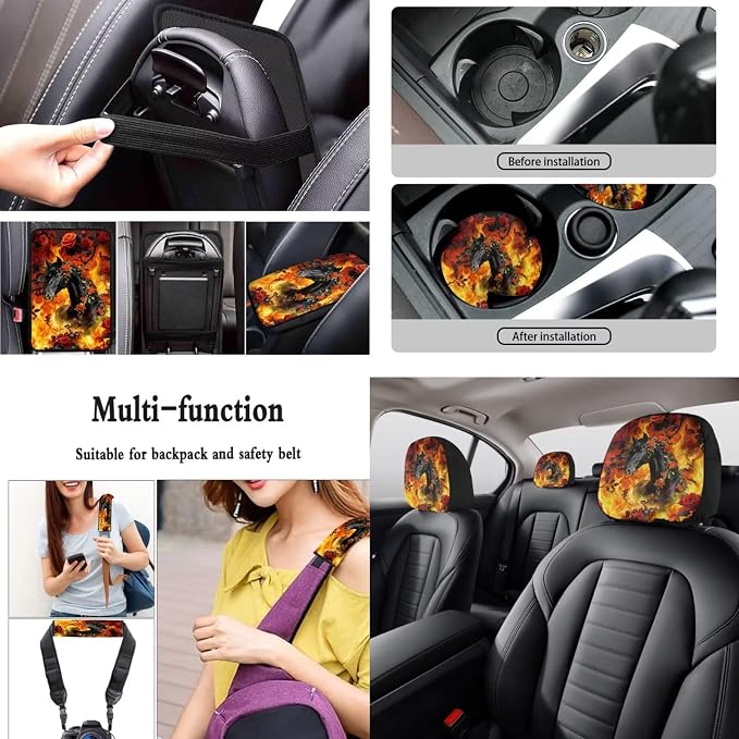 15 Pack Full Set Car Seat Covers Rose Horse Fire Print Car Front and Rear Seat Covers Steering Wheel Cover Seatbelt Pads Armrest Cushion Headrest Protectors, Easy to Install