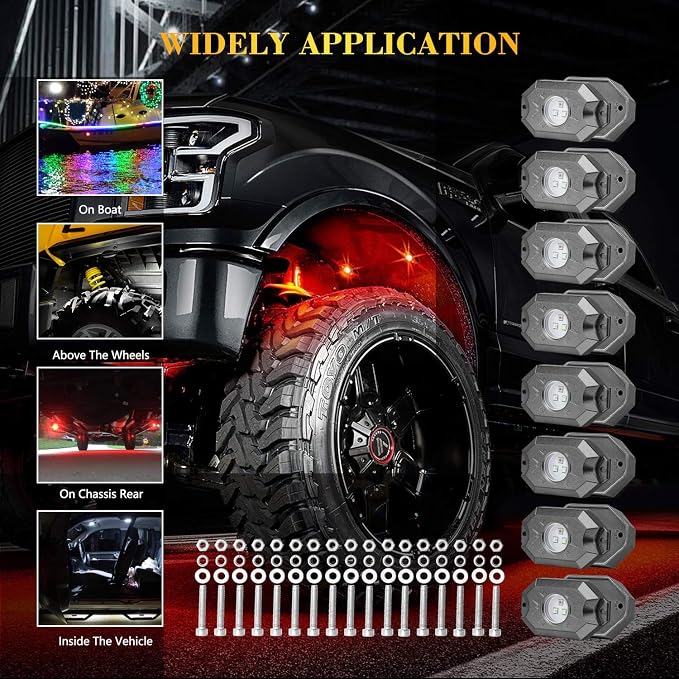 8 Pods RGB LED Rock Light Kits with Bluetooth Controller Waterproof Multicolor Neon LED Lights Underglow Trail Rig Lights for Trucks SUV ATV UTV Boat Motorcycle Off Road