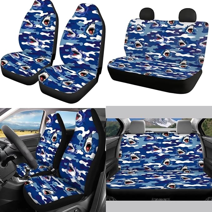 Mumeson Shark Car Seat Covers with 2 Pcs Seat Belt Shoulder Pads + Soft Rubber Steering Wheel Cover + Armrest Cushion Pad of Car Full Set of 8 Pack Car Decor Set