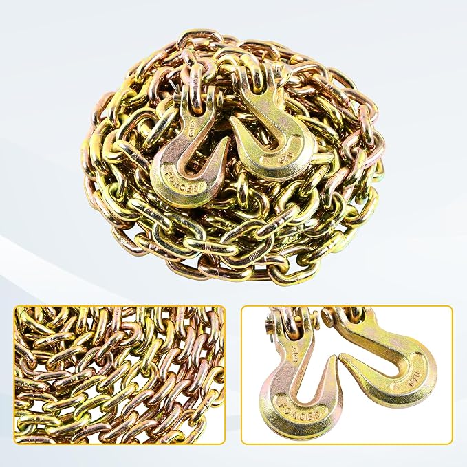 3/8" x 20 FT G70 Transport Tow Chain with Grab Hooks 6600 Lbs Working Load for Transport Tie Down Binder Chain Flatbed Truck Trailer