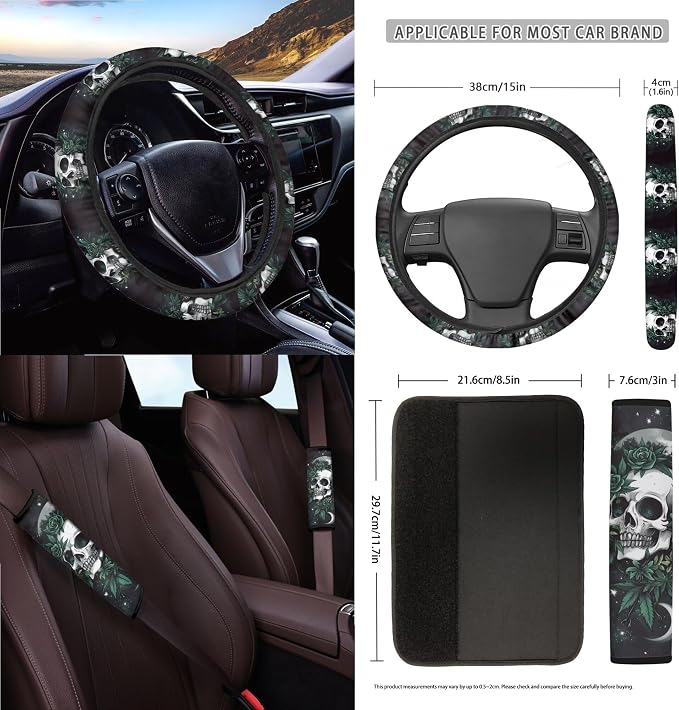 Moon Skull Rose Print Car Seat Cover Full Set of 15 Seatbelt Strap Pad Steering Wheel Covers Rear View Mirror Cover Trash Cans Air Vent Storage Bag Cup Coasters Keychain