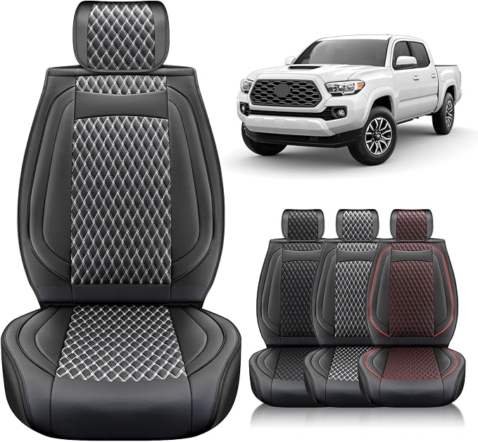 Seat Cover Front Set Compatible with Toyota Tacoma 2009 to 2024 TRD Sport Off Road TRD Pro Limited SR SR5 Package Access Double Extended Cab Pickup Truck Custom Seat Cover(2 Pcs Front Set,Black White)