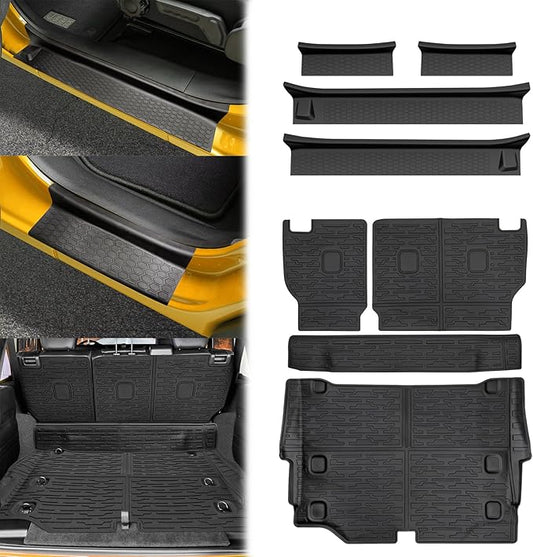 Cargo Mats with Door Sill Guards for 2021-2025 Jeep Wrangler JL Unlimited 4XE Accessories All Weather Rear Seat Back Cover Trunk Liner Door Sill Protector for JL JLU 4XE 4 Door(Not for 4X4)