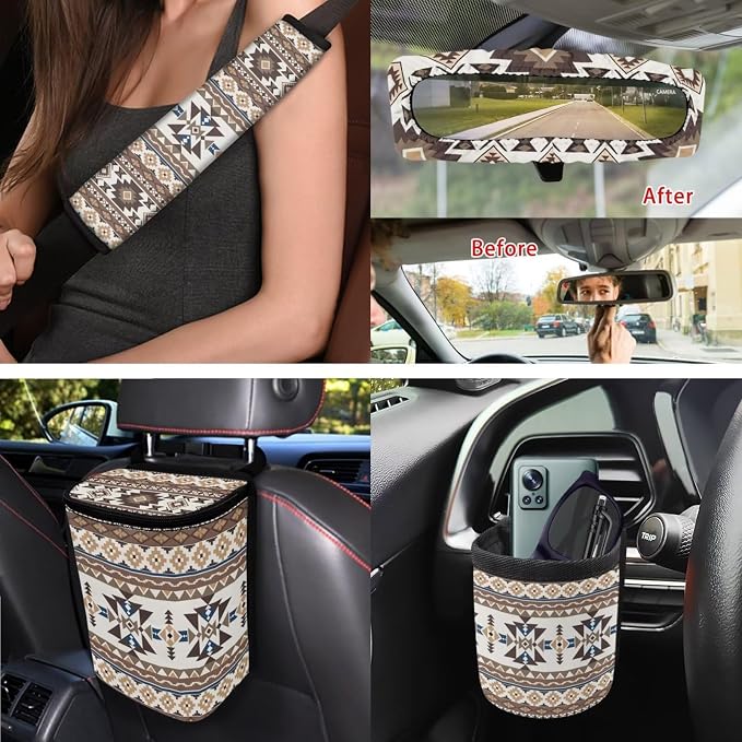 XYZCANDO Tribal Patterns Car Interior Sets 15 PCS Car Seat Cover Set Steering Wheel Cover Storage Box Seat Belt Pads Cover Garbage Bag Rear View Mirror Cover Coasters Keychain Fit Most Cars