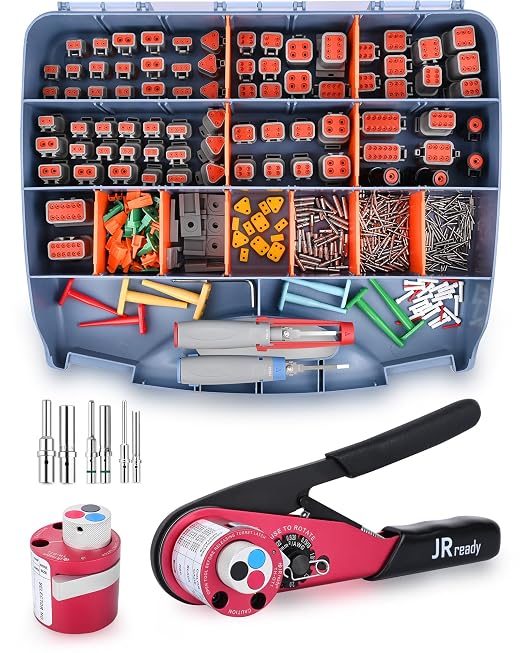 JRready DW4001 531PCS Deutsch Connector Kit with New Turret Deutsch Crimp Tool - DT/DTM/DTP/DTHD Connectors with Size 12/16/20 Solid Contacts (12-22AWG) for Automotive, Industrial, Marine Wiring