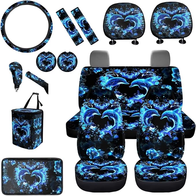 BIGCARJOB 15 Pack Neon Dolphin Car Seat Cover Full Set Auto Seat Headrest Cover Universal Steering Wheel Cover Car Trash Can Hanging Automotive Interior Sets for Women Gifts