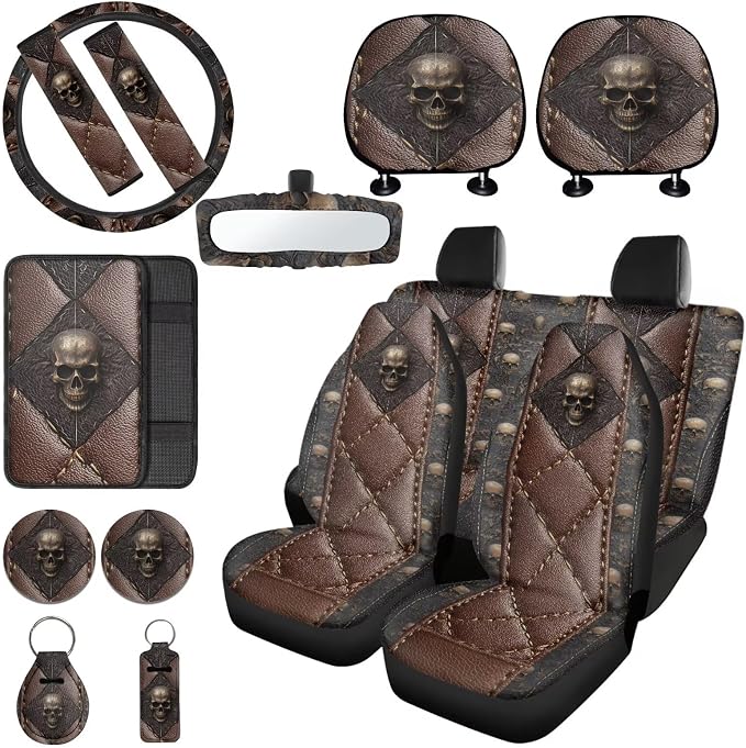 Skull Print Car Seat Cover Full Set with Auto Steering Wheel Cover Seat Belt Protector Armrest Pad Auto Rear View Mirror Protector Set of 15, Car Accessories Set, Brown